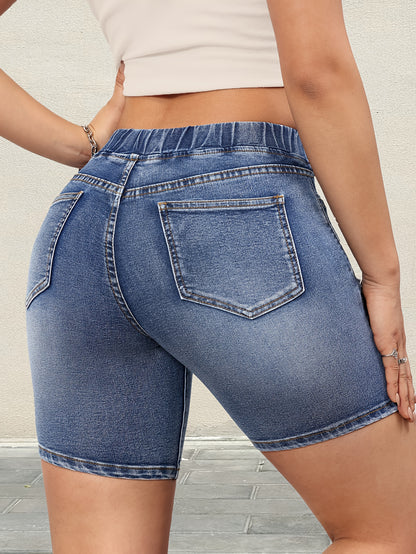 Women's Blue Elastic Waist Drawstring Ripped Denim Shorts, Fashionable Elegant Style Whiskering Denim Shorts