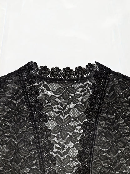 Summer Solid Color Lace Patchwork Casual Open Front Jacket For Holiday Party Clothes