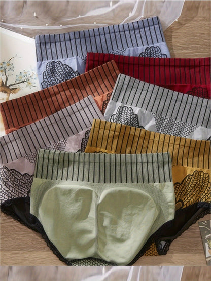 7pcs Color Block Stripes High Waist Briefs, Elegant Comfy Breathable Stretchy Intimates Panties, Women's Lingerie & Underwear