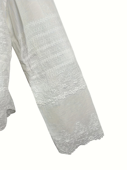 Seasonal Versatility Elegant French Vintage-Inspired Long Sleeve Crochet Blouse for Women - Sheer White Button-Up Shirt with Delicate Lace Detailing, Casual Loose Fit, Perfect for Spring and Fall