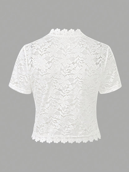 Summer Solid Color Lace Patchwork Casual Open Front Jacket For Holiday Party Clothes