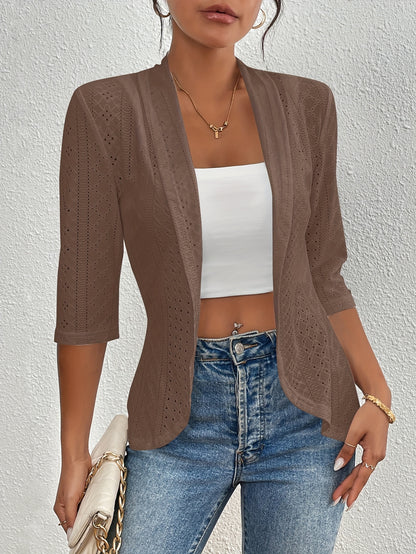 Women's Elegant Open-Front Cardigan - Solid White, Half Sleeve, Eyelet Embroidery, Lightweight Knit, Spring\u002FFall Fashion Jacket, Lightweight Cardigan