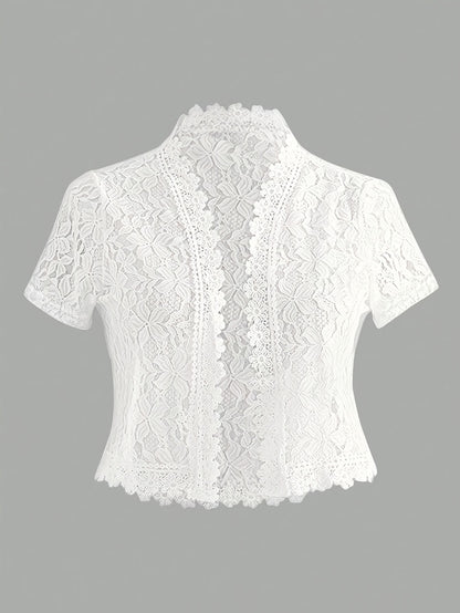 Summer Solid Color Lace Patchwork Casual Open Front Jacket For Holiday Party Clothes