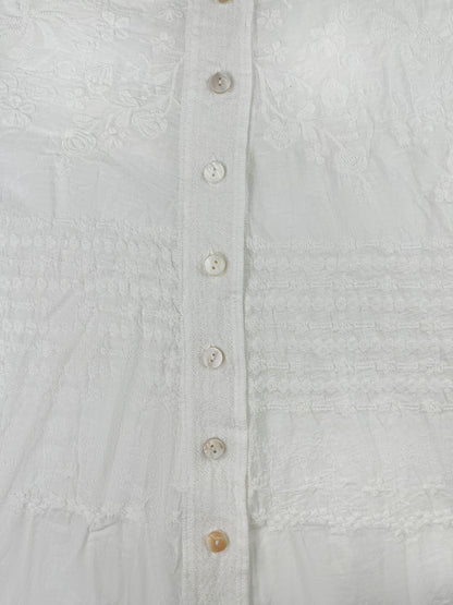 Seasonal Versatility Elegant French Vintage-Inspired Long Sleeve Crochet Blouse for Women - Sheer White Button-Up Shirt with Delicate Lace Detailing, Casual Loose Fit, Perfect for Spring and Fall