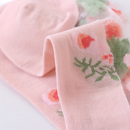 5 Pairs Floral Lace Mesh Socks, Lightweight & Breathable Mid Tube Socks, Women's Stockings & Hosiery