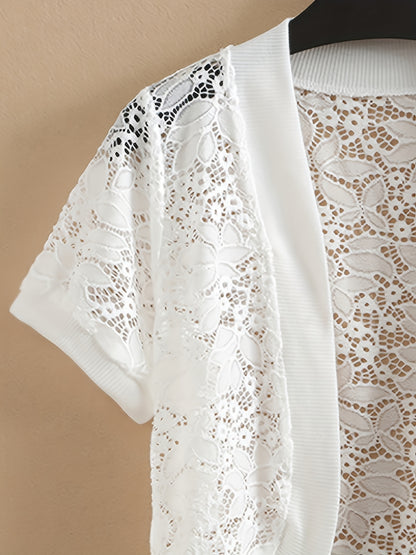 Women's Lightweight Lace-Trimmed Short Sleeve Cardigan - Retro Semi-Sheer Open Front Cover-Up, Machine Washable Spring Summer Fall Layering Piece for Casual & Formal Outfits, Scalloped Edge Design | Intricate Lace Detailing