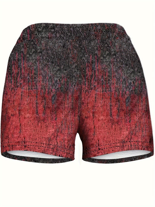 Women's Casual Printed Drawstring Shorts - Stretchy Elastic Waist, Gradient Red and Black, Polyester Blend, Summer Fashion