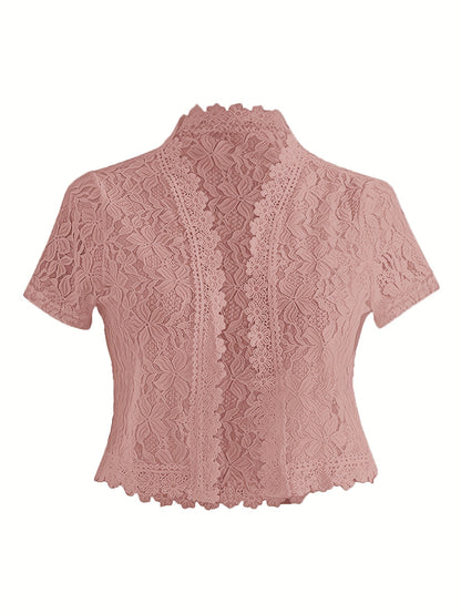 Elegant White Lace Contrast Cardigan - Short Sleeve, Stand Collar, Open Front Jacket for Women | Perfect for Spring\u002FSummer Parties & Casual Wear, Party Wear Cardigan | Lace Detailing | Constructio