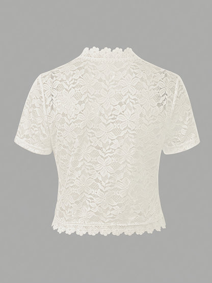 Summer Solid Color Lace Patchwork Casual Open Front Jacket For Holiday Party Clothes