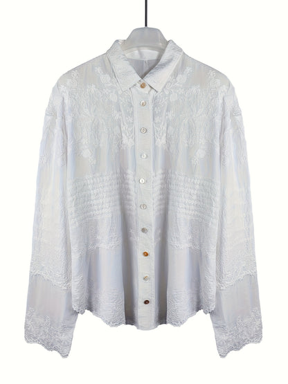 Seasonal Versatility Elegant French Vintage-Inspired Long Sleeve Crochet Blouse for Women - Sheer White Button-Up Shirt with Delicate Lace Detailing, Casual Loose Fit, Perfect for Spring and Fall