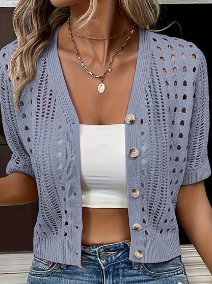 Women'S Elegant Yellow Cardigan with Button Front - V-Neck, Short Sleeve, Medium Stretch, Perfect for Spring & Fall, Casual Cardigan|Vneck Design| Constructio