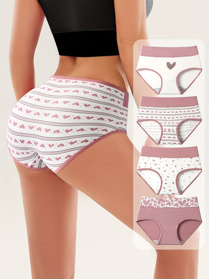 4pcs Women'S Briefs with Heart Print - High Waist, Soft & Breathable, Elastic Waistband, Comfortable Underwear for Autumn and Winter, Autumn Underwear | Heart Print Briefs | Comfortable Fit