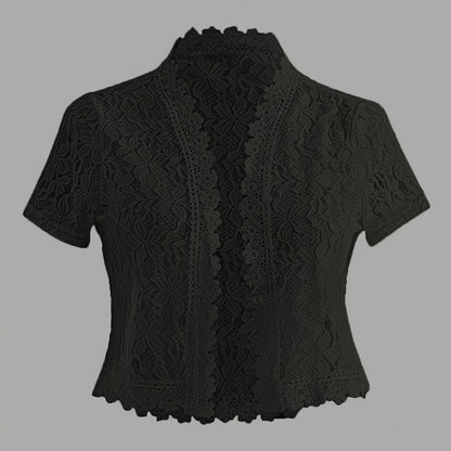 Elegant White Lace Contrast Cardigan - Short Sleeve, Stand Collar, Open Front Jacket for Women | Perfect for Spring\u002FSummer Parties & Casual Wear, Party Wear Cardigan | Lace Detailing | Constructio