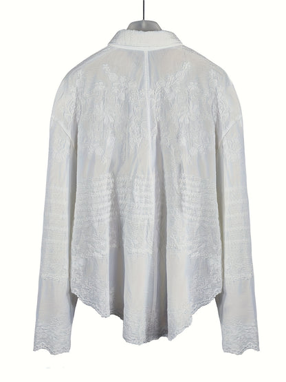 Seasonal Versatility Elegant French Vintage-Inspired Long Sleeve Crochet Blouse for Women - Sheer White Button-Up Shirt with Delicate Lace Detailing, Casual Loose Fit, Perfect for Spring and Fall