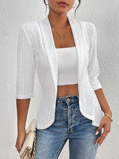 Women's Elegant Open-Front Cardigan - Solid White, Half Sleeve, Eyelet Embroidery, Lightweight Knit, Spring\u002FFall Fashion Jacket, Lightweight Cardigan