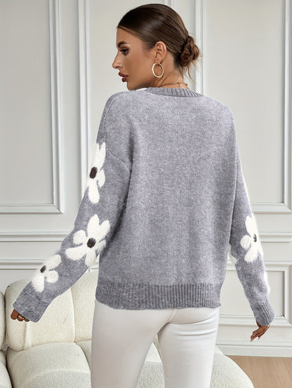 Floral Pattern Round Neck Sweater, Cute Drop Shoulder Long Sleeve Sweater For Fall & Winter, Women's Clothing