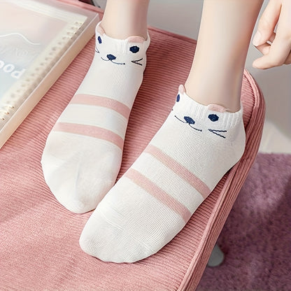 5 Pairs Women's Ankle Socks - Cute Cartoon Cat Design with Polka Dots, Stripes & Hearts - Soft Pink & White Short Socks for Everyday Casual Wear, Novelty Socks, Comfortable Knitwear