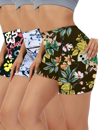 3pcs Women'S High-Waist Yoga Shorts with Pockets - Stretchy, Breathable & Moisture-Wicking Activewear in Vibrant Floral Prints for Fitness, Running, and Casual Attir