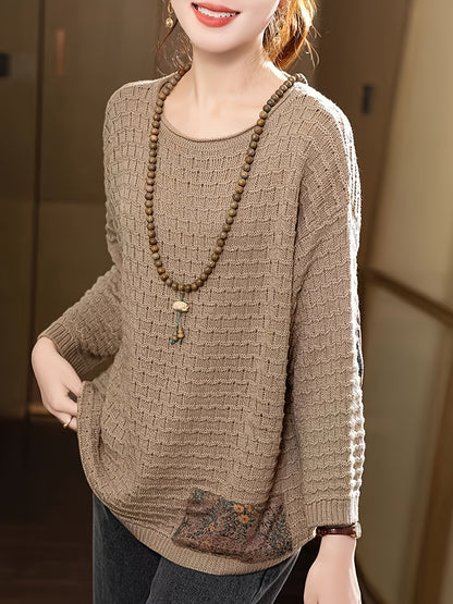 Vintage Patchwork Sweater Women's Fashion Lazy Style Loose Casual Pullover Long Sleeve Top