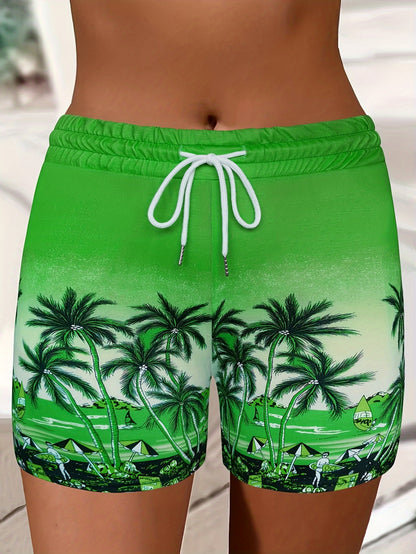 Women'S Casual Drawstring Shorts with Pockets, Tropical Palm Tree and Sailboat Print, Comfortable Leisure Vacation Fashion, Polyester Blend Knit Fabric, Spring\u002FSummer\u002FFall Season