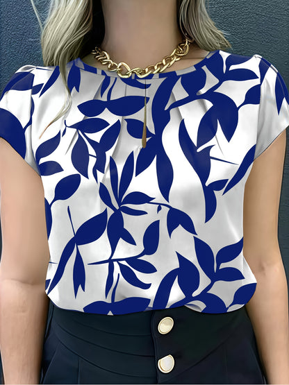 Women'S Casual Blue Floral Print Short Sleeve Blouse - Ruched Bust, Crew Neck, Relaxed Fit for Spring\u002FSummer, Weekend Attire, Casual Wear|Floral Print Top|Ruched Detailing