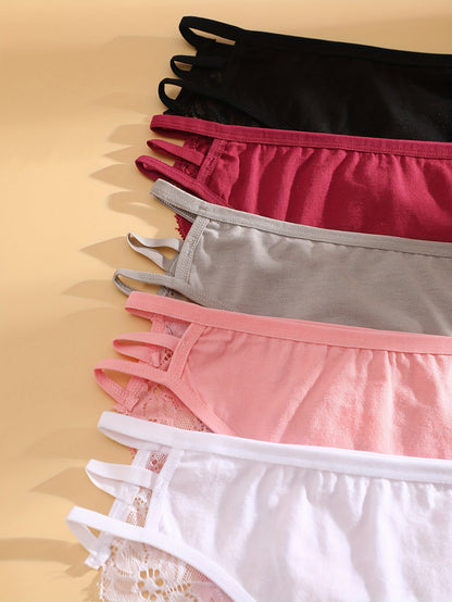 5pcs Women'S Solid Color Lace Trim Fashion Hollow Triangle Briefs, Polyester, Sexy, Knit Fabric, 180g\u002Fm², with Contrast Lace for Women