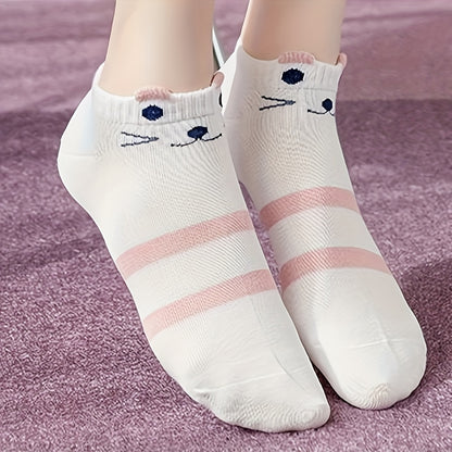 5 Pairs Women's Ankle Socks - Cute Cartoon Cat Design with Polka Dots, Stripes & Hearts - Soft Pink & White Short Socks for Everyday Casual Wear, Novelty Socks, Comfortable Knitwear
